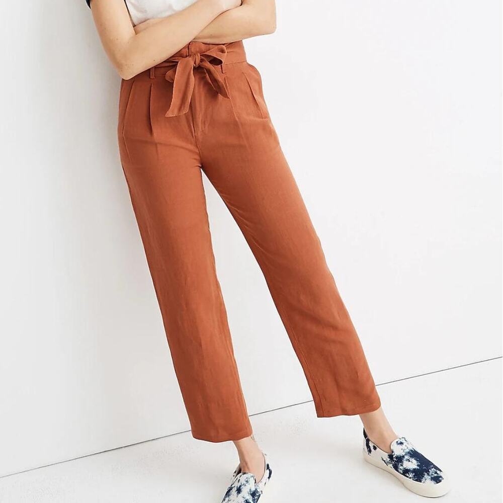 Madewell Rust Orange Linen Blend High Waist Pleated Cropped Paperbag Pants